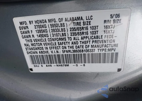 2006 Honda Odyssey Ex-L from USA, damaged, VIN 5FNRL38606B106337